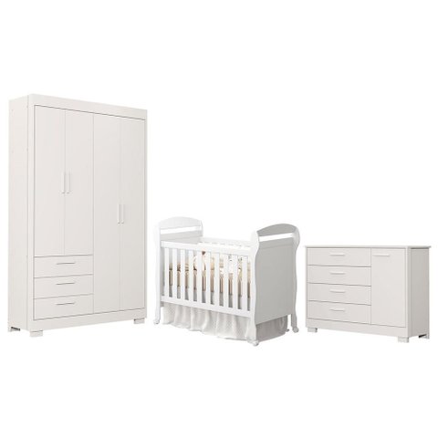Dormitório Infantil Zaki Guarda Roupa, Cômoda e Berço Mini Cama Danny Branco Fosco - Reller Mó