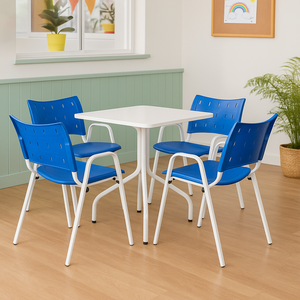 Jogo Mesa Quadrada 70x70 para Restaurante Comércio com 4 Cadeiras Iso Azul Base Branca Ecomhome