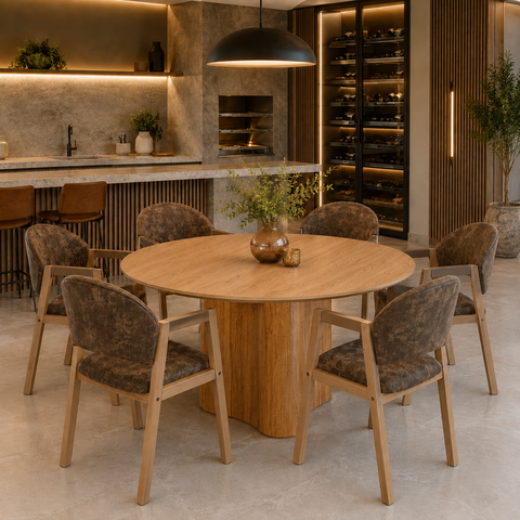 Conjunto Mesa Jantar Redonda 150cm + 6 Cadeiras Estofadas Allegra Noronha Sala Area Gourmet Varanda: