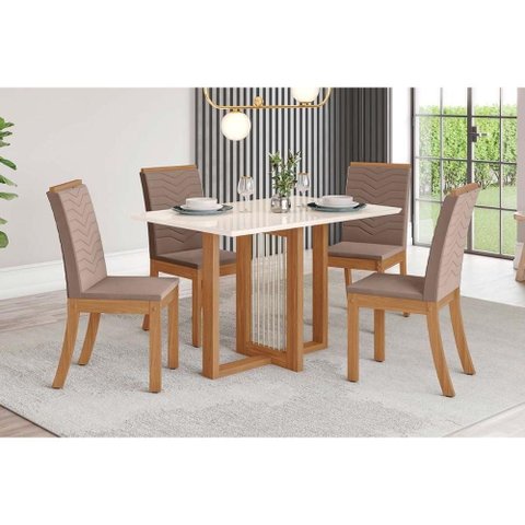 Conjunto: Mesa Sala Jantar Natalí C/ Tampo Madeirado C/ Vidro Reto 120x80cm e 4 Cadeiras Isa Nature