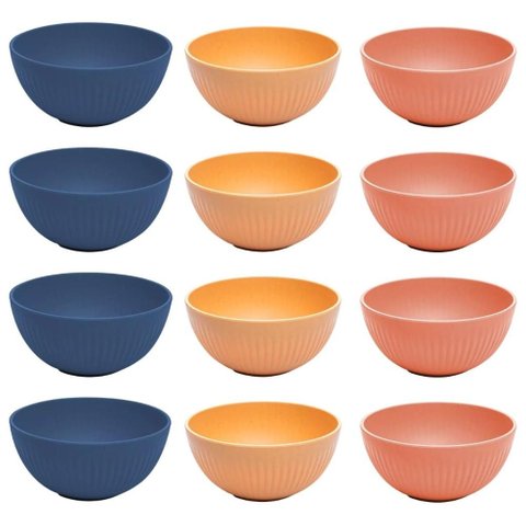 Jogo 12 Saladeiras Bowl 21cm Bambu Plástico Stripes Lyor Colorida Frutas Salada Restaurante Eventos
