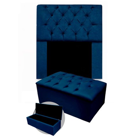 Kit Cabeceira + Calçadeira Baú Mirage Solteiro 120cm Suede - Ecotec Decor:Azul Marinho