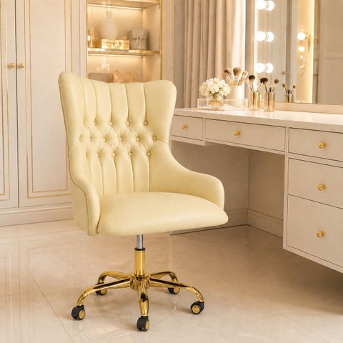Cadeira Poltrona Home Office Helena Capitonê Base com Rodinhas Dourada