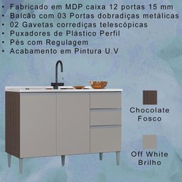 Balcao para Pia 3 Portas 120 Cm 702 Chocolate Off White Poqq Chocolate Off White - 2