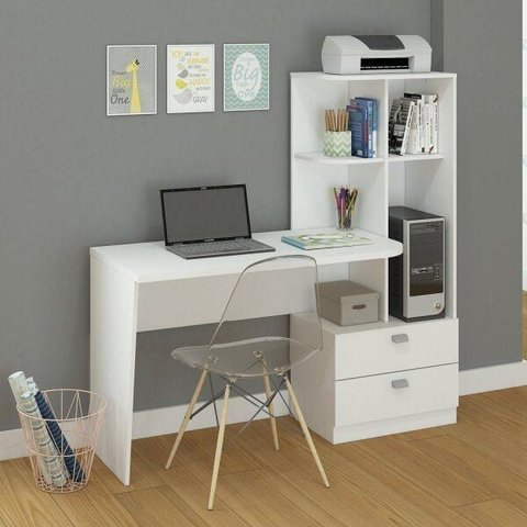 Escrivaninha Mesa Escritório com Estante Elisa 2 Gavetas 138cm Branca