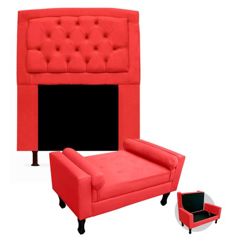 Kit Cabeceira Geovana + Calçadeira Baú Felix Solteiro 100cm Suede - Ecotec Decor:Vermelho