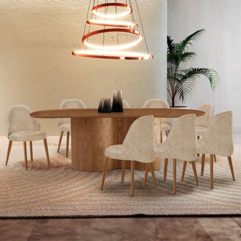 Mesa de Jantar Suiça 220cm Madeira Tampo Laminado Orgânico com 8 Cadeiras Suiça