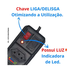 Extensão Elétrica 5 Tomada Filtro Linha Bivolt C/ Fusivel de Proteção 1 Metro - 3