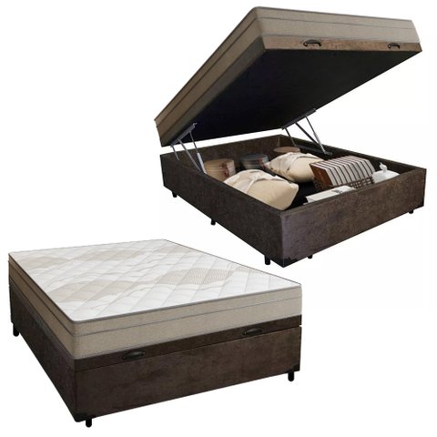 Cama Box Baú Casal Suede + Colchão de Molas Ensacadas Portobel Ipanema -  138x188x66cm Cor:marrom