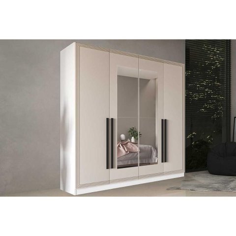 Guarda Roupa 4 Portas (2 C/ Espelho) e 4 Gavetas Valência Branco/creme - Politorno