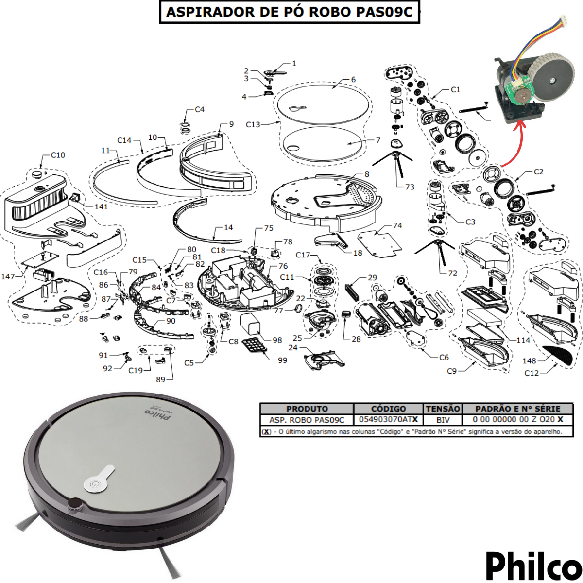 Roda Direita Montada Aspirador Robô Philco Pas09c Nova - 7