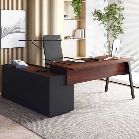 Mesa L Diretor Escritório com Armário Lateral 3 Gavetas 200cm Industrial Tampo Cavado e Pés Metal Ex