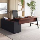 Ver imagem 1 de Mesa L Diretor Escritório com Armário Lateral 3 Gavetas 200cm Industrial Tampo Cavado e Pés Metal Ex
