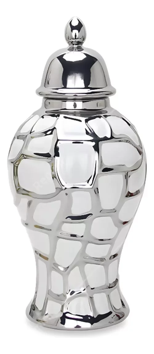 Vaso Decorativo Sala Branco Detalhes Prata Porcelana 41x18