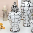 Ver imagem 2 de Vaso Decorativo Sala Branco Detalhes Prata Porcelana 41x18