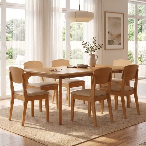 Sala Jantar Mesa Londrina Tampo Curvo 180cm+6 Cadeiras Havana Naturale - Linho Bege - Rufato