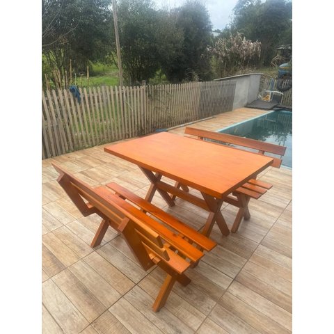 Mesa para Área Externa com 2 Bancos Madeira Maciça 120x80cm Kit Churrasco Mel