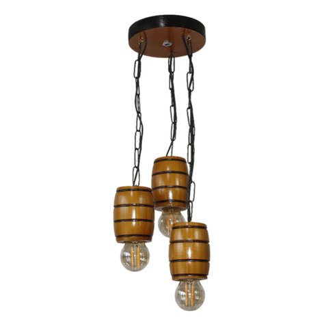 Luminária Lustre Pendente Barril Triplo de Madeira Maciça Colonial Retrô - Cerejeira