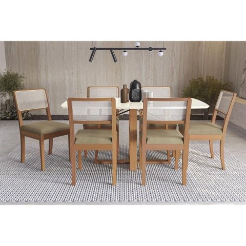 Conjunto Mesa Elma Premium Madeira Maciça C/ Tampo Madeirado C/ Vidro 170x90cm e 6 Cadeiras Lola