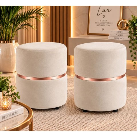 Kit de Puff Cinta no Meio Rose Gold, Cor Palha Veludo - Let Móveis