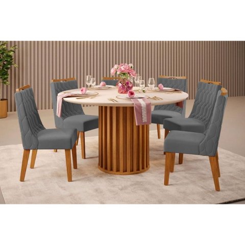 Sala de Jantar Completa Viena C/ Tampo Madeirado C/ Vidro 136x136cm e 6 Cadeiras Bia Freijo/off