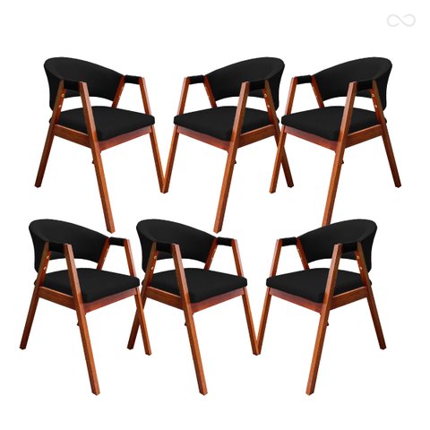 Kit 6 Cadeira Poltrona para Sala de Jantar Ravena em Madeira Castanho Suede Preto Ccs