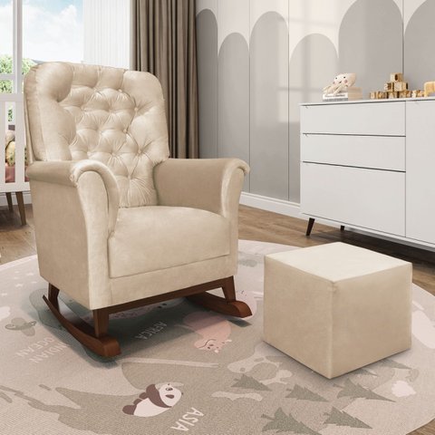 Poltrona de Amamentação Balanço Madeira e Puff Angelin Suede Bege P02 - D’Rossi