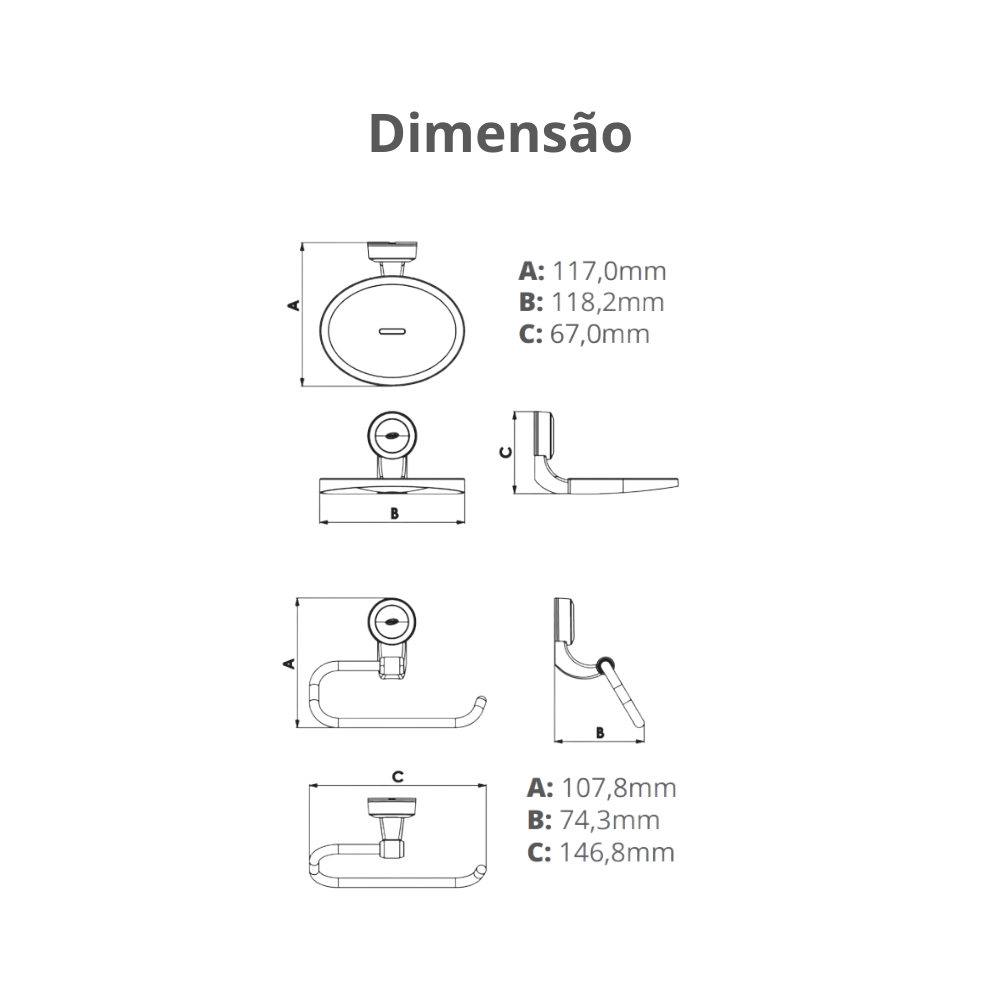 Kit Acessórios para Banheiro 4 Peças Linha Bello Cor Cinza e Cromado Durín - 4