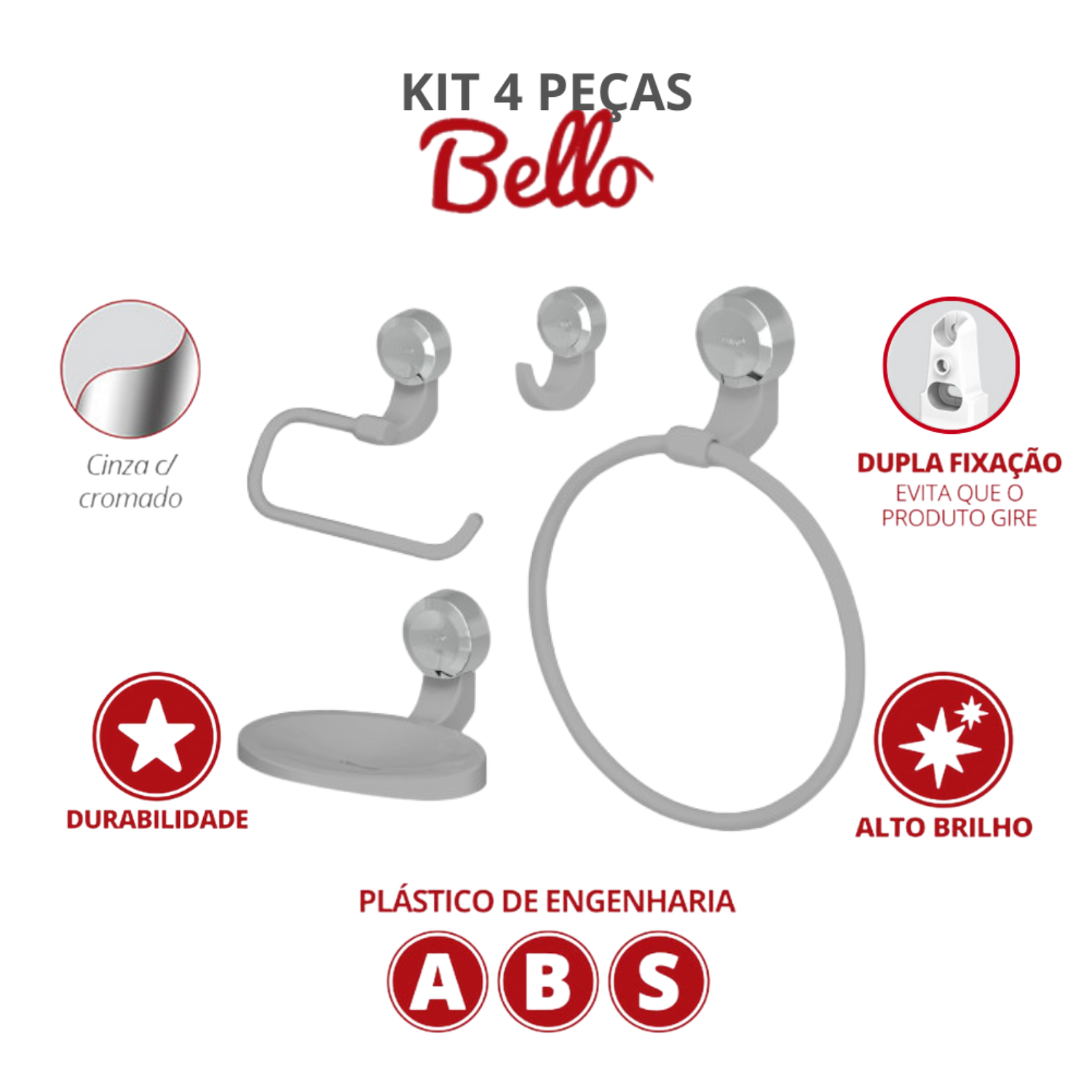 Kit Acessórios para Banheiro 4 Peças Linha Bello Cor Cinza e Cromado Durín - 2