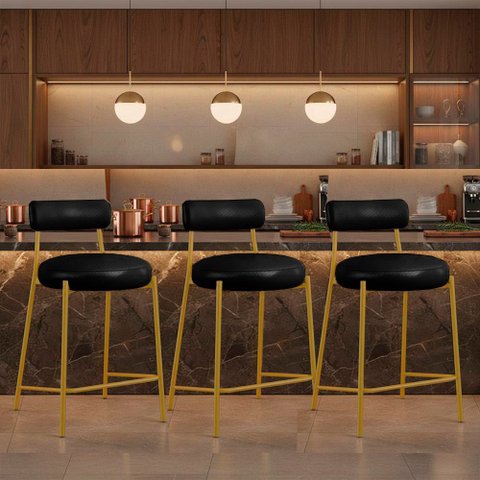 Banqueta Cozinha Média com Encosto Kit 3 Industrial Dourado Londres PU Facto D03 - D'Rossi