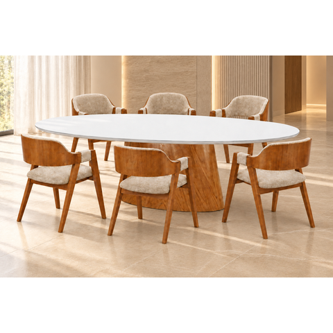 Sala de Jantar Mesa Oval 2,20 e 6 Cadeiras Malva- Imperial:Linho Bege