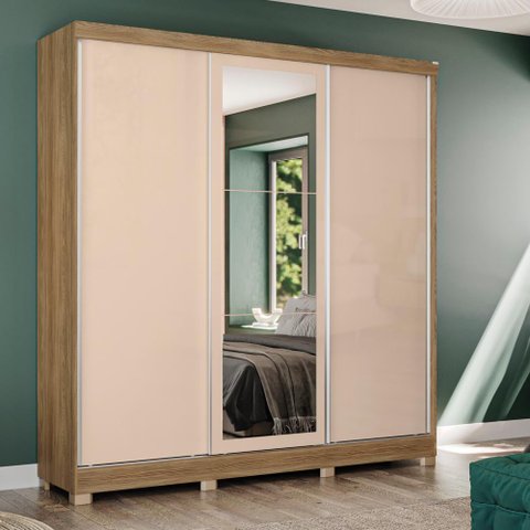 Guarda-roupa Casal Kappesberg 3 Portas Reversíveis de Correr 3 Espelhos 2 Gavetas Nogueira/macadâ