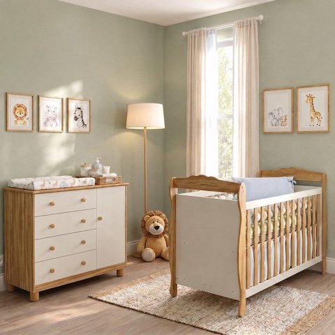 Quarto de Bebê Berço 3 em 1 e Cômoda 4 Gavetas 100% MDF Nina Espresso Móveis Bege/Off White/Amêndoa