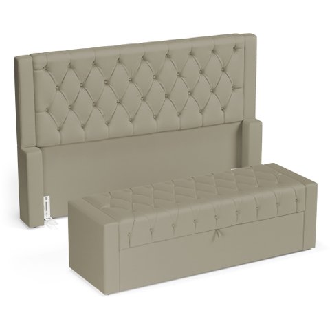 Cabeceira e Calçadeira Báu Casal Padrão Atena 140cm Capitonê Veludo Bege - Desk Design