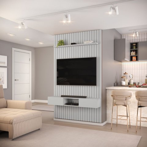 Conjunto com Painel Ripado e Bancada Suspensa 143cm Trento para Sala de Estar Bali DJ Móveis