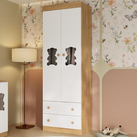Guarda-roupa Infantil 62cm 2 Portas com Vidro e 2 Gavetas Teddy Multimóveis Mp4486 Madeirado/branco