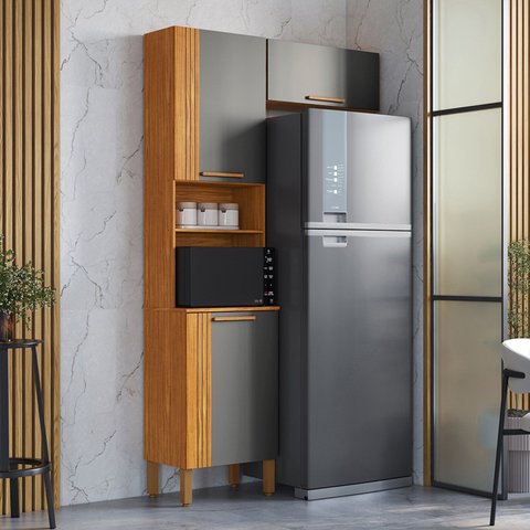 Cozinha Modulada Compacta 100% MDF 2 Peças 3 Portas Viena Espresso Móveis Cinza/Canela/Platina