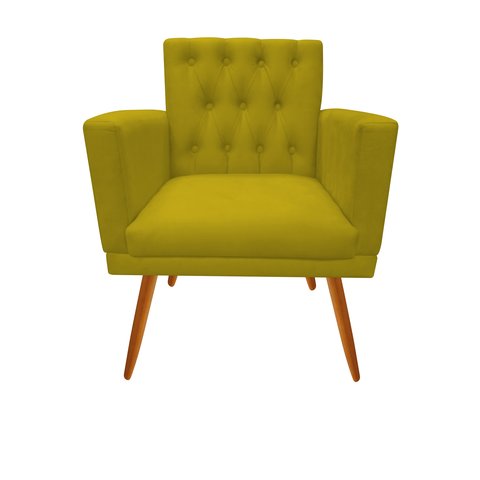 Poltrona Decorativa Nina Capitonê Couro Amarelo Pés Madeira Ms Decor
