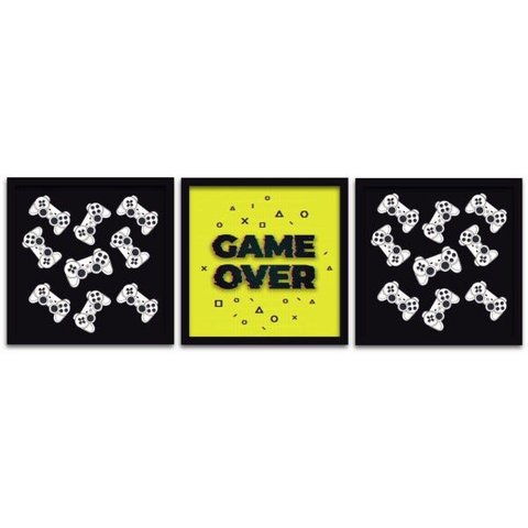 Conjunto Quadros Decorativos 3 peças 50x50 Gamer - Moldura Preta