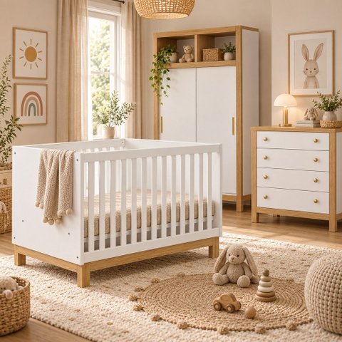 Quarto de Bebê Flora Guarda Roupa 2 Portas de Correr Cômoda Berço Colchão 130x70 D18 Qmovi