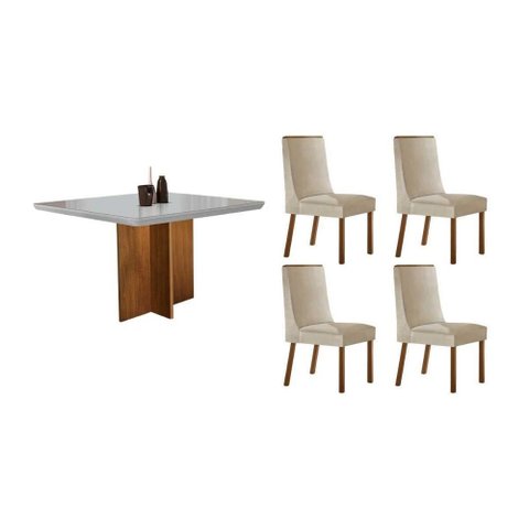 Conjunto: Mesa de Cozinha Berlim Tampo c/ Vidro Curvo 90cm+ 4 Cadeiras Dakota Madeira Naturale/Off