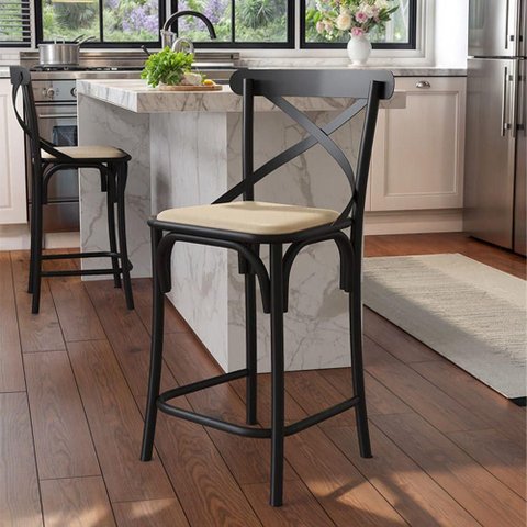 Banqueta Baixa Katrina Assento em Tecido Base de Aço Encosto Cruzado Preto Iron Wood