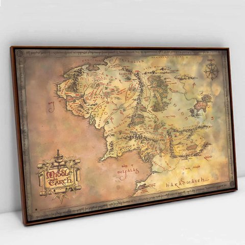 Quadro Decorativo Mapa Senhor Dos Anéis em Tela Canvas Tacolado Moldura Flutuante 4,5cm Madeira 60 X