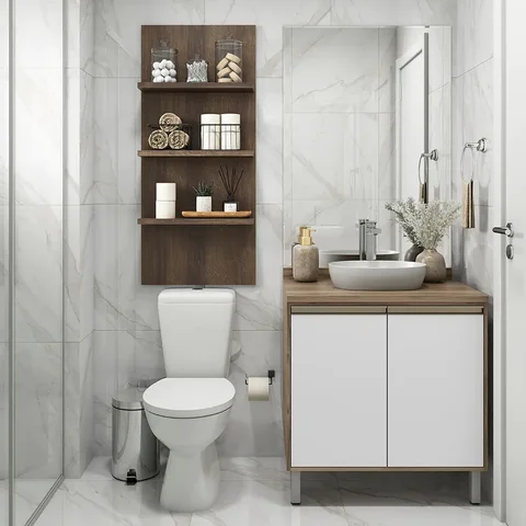 Gabinete Balcão Armário Banheiro Yara 80cm e Painel c/ Prateleiras - Luciane M01:Branco Lacca e Nogu