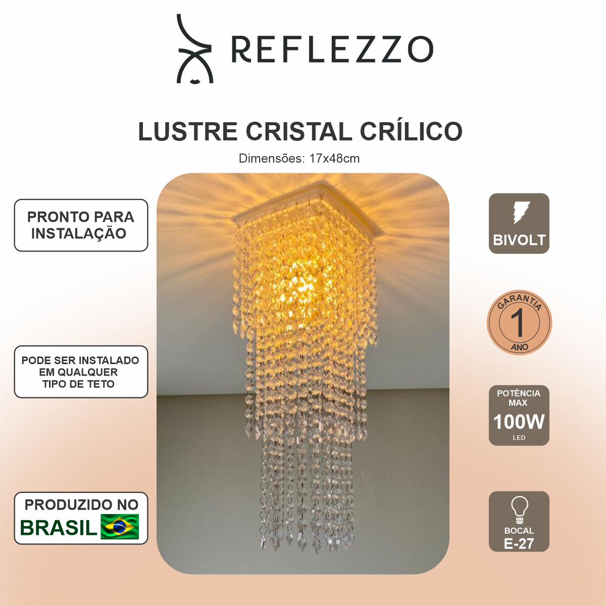 Lustre Pendente Luminária Cristal Acrílico de Alto Brilho, 17x48. Reflezzo Lustres e Decoração. - 3