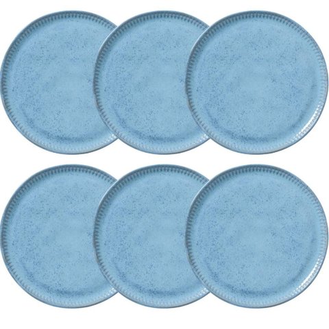 Jogo 6 Pratos 21cm Cerâmica Azul para Sobremesa Mesa Posta Porto Brasil Linhas Breeze Raso