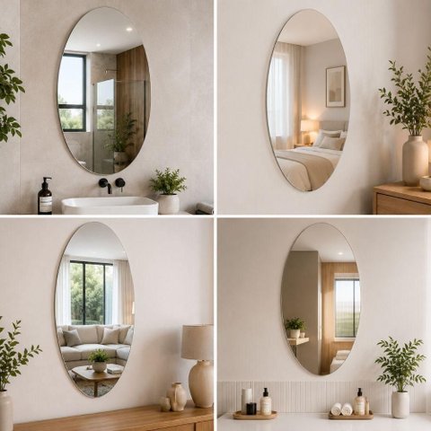 Espelho Adesivo Decorativo Kit 4 Ovais 40x60cm Parede Plastico Autoadesivo Multiuso Banheiro Quarto