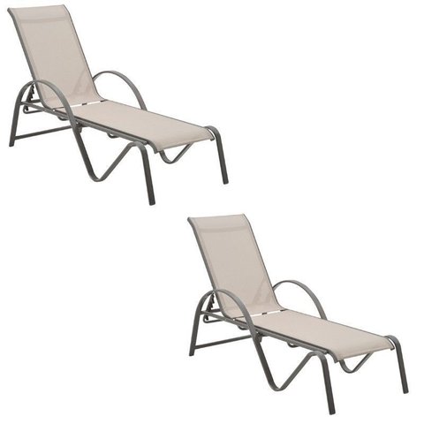 Kit 2 Espreguiçadeiras Chaise Outdoor Búzios Amêndoa Tela Bege e Grafite Tela Grafite - Rivatti