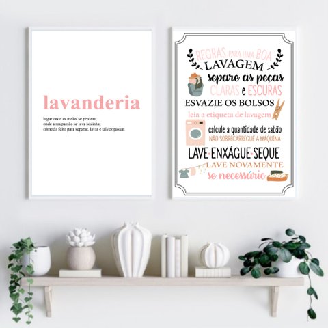 Kit 2 Quadros Lavanderia Soft - Rosa 33x24cm:madeira Preta