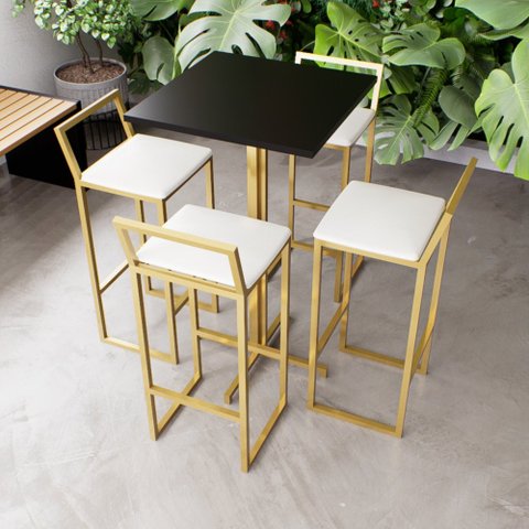 Jogo Mesa Alta Bistrô Quadrada Preta 4 Banquetas Estofado Branco Confort Ind Don Castro